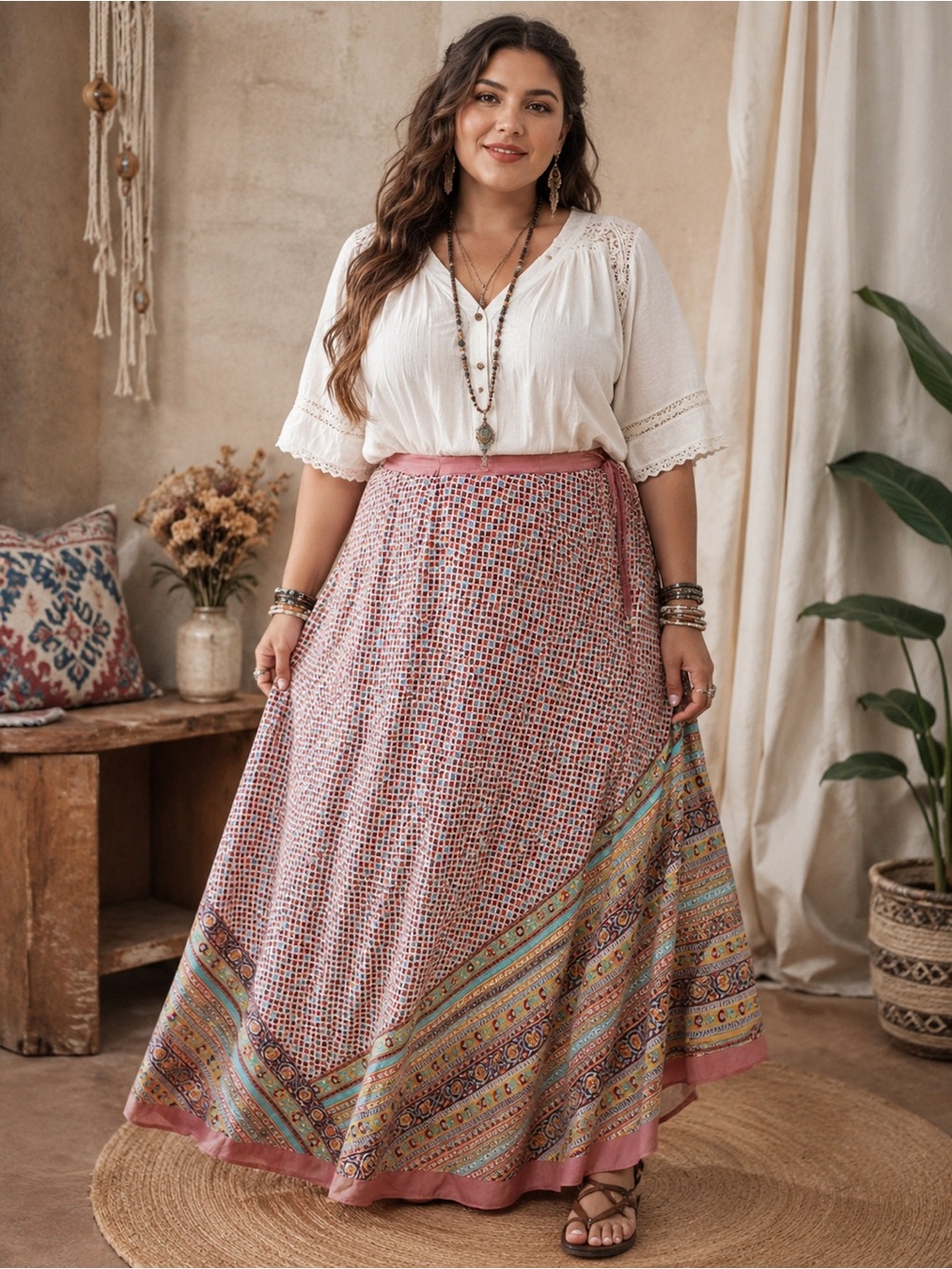 Isabella Bird embellished Cotton maxi Skirt, lined, bohemian floral panel print